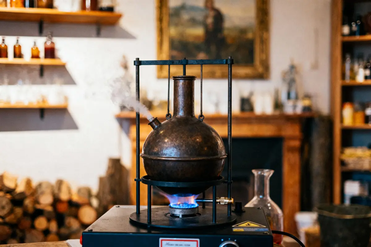 Alambic en cuivre sur réchaud, dégageant vapeur, avec flamme bleue, intérieur rustique et étagères en arrière-plan.