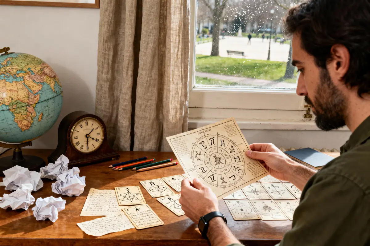 Homme analysant des cartes ésotériques sur un bureau, avec globe, horloge et crayons, près d'une fenêtre.