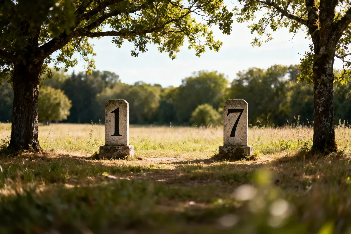 Deux bornes numérotées 1 et 7 dans un paysage champêtre, entourées d'arbres.