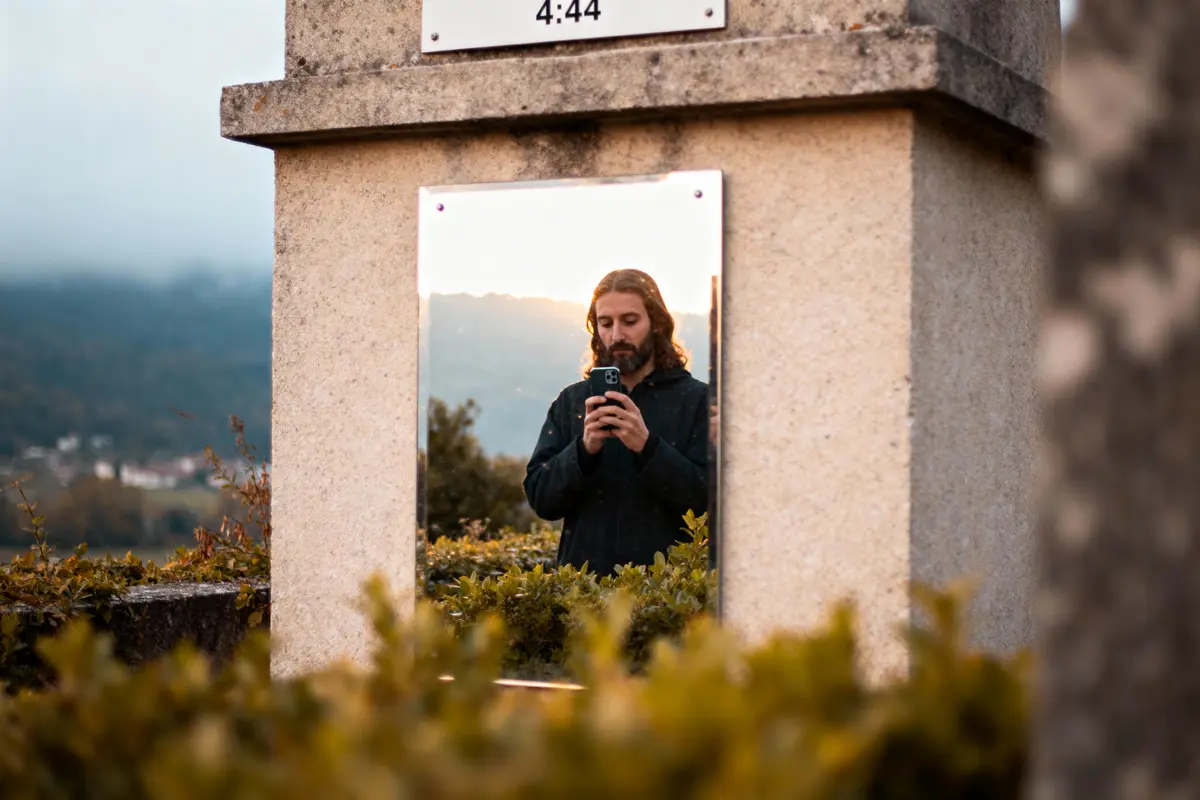 Un homme barbu prend un selfie dans un miroir extérieur, entouré de verdure, avec des montagnes en arrière-plan.
