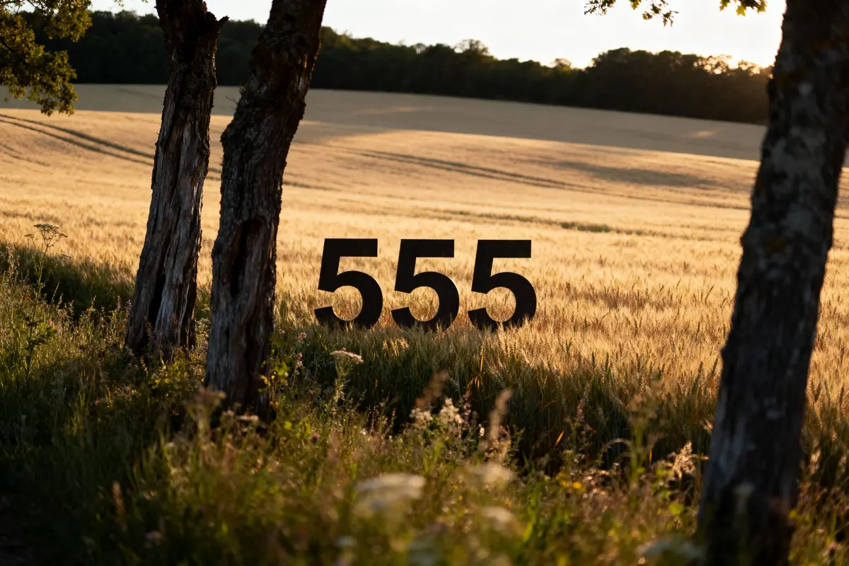 Champs de blé avec trois arbres et nombre "555" en avant-plan, éclairage au coucher du soleil.