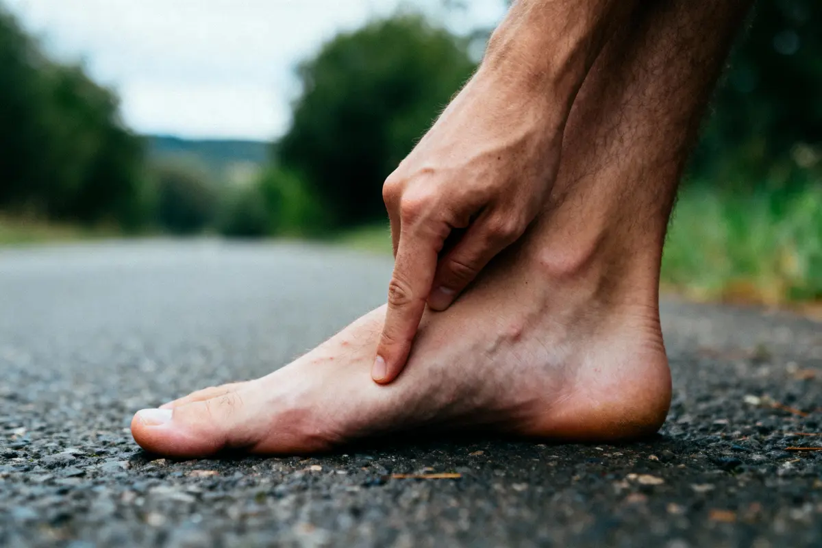 Doigt pointant sur cheville d'un pied, posé sur une route asphaltée, environnement naturel flou en arrière-plan.
