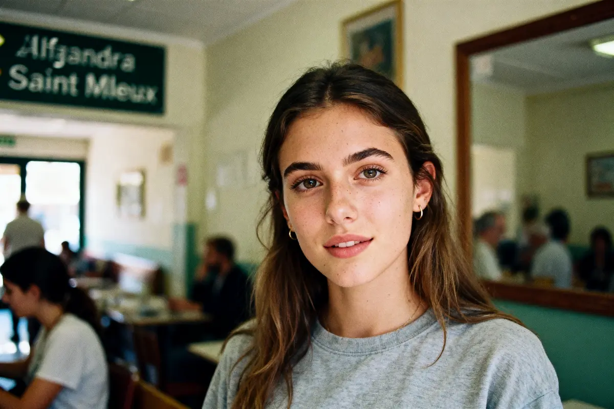 Jeune femme souriante dans un café, ambiance détendue, arrière-plan flou avec plusieurs personnes assises.