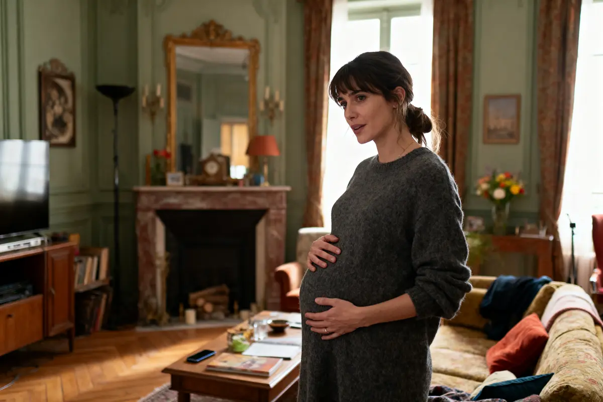 Femme enceinte dans un salon élégant avec cheminée, miroir et décor chaleureux.