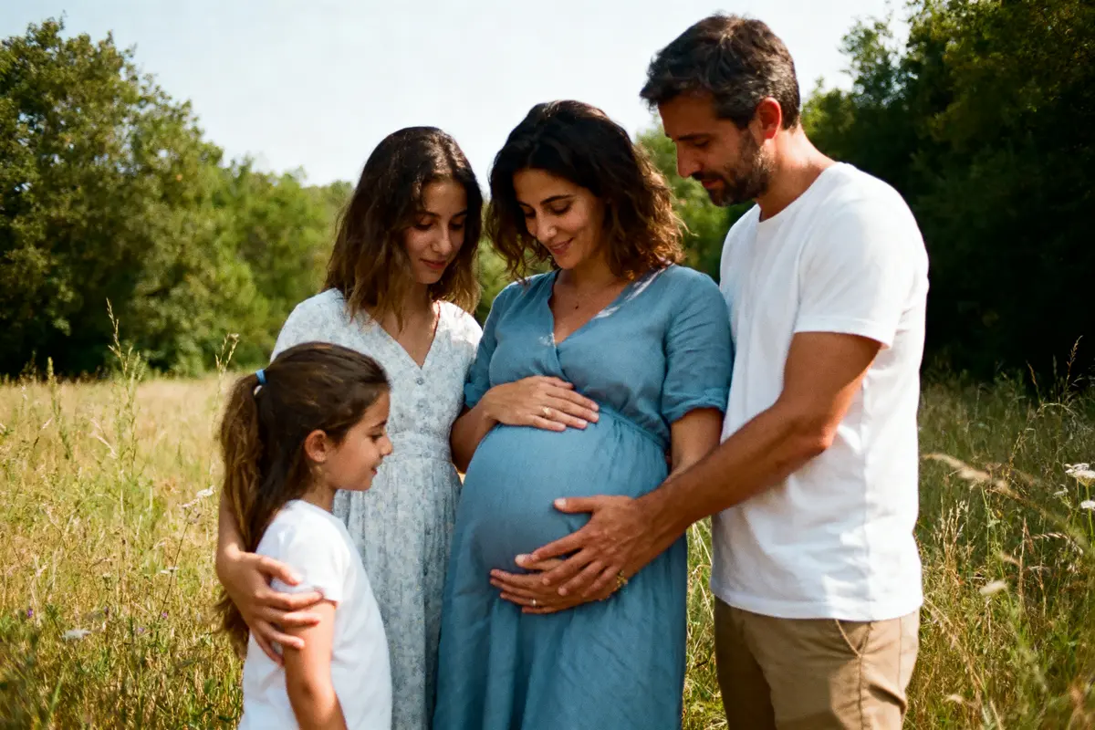 Famille dans un champ. Femme enceinte entourée de trois personnes touchant son ventre. Journée ensoleillée.
