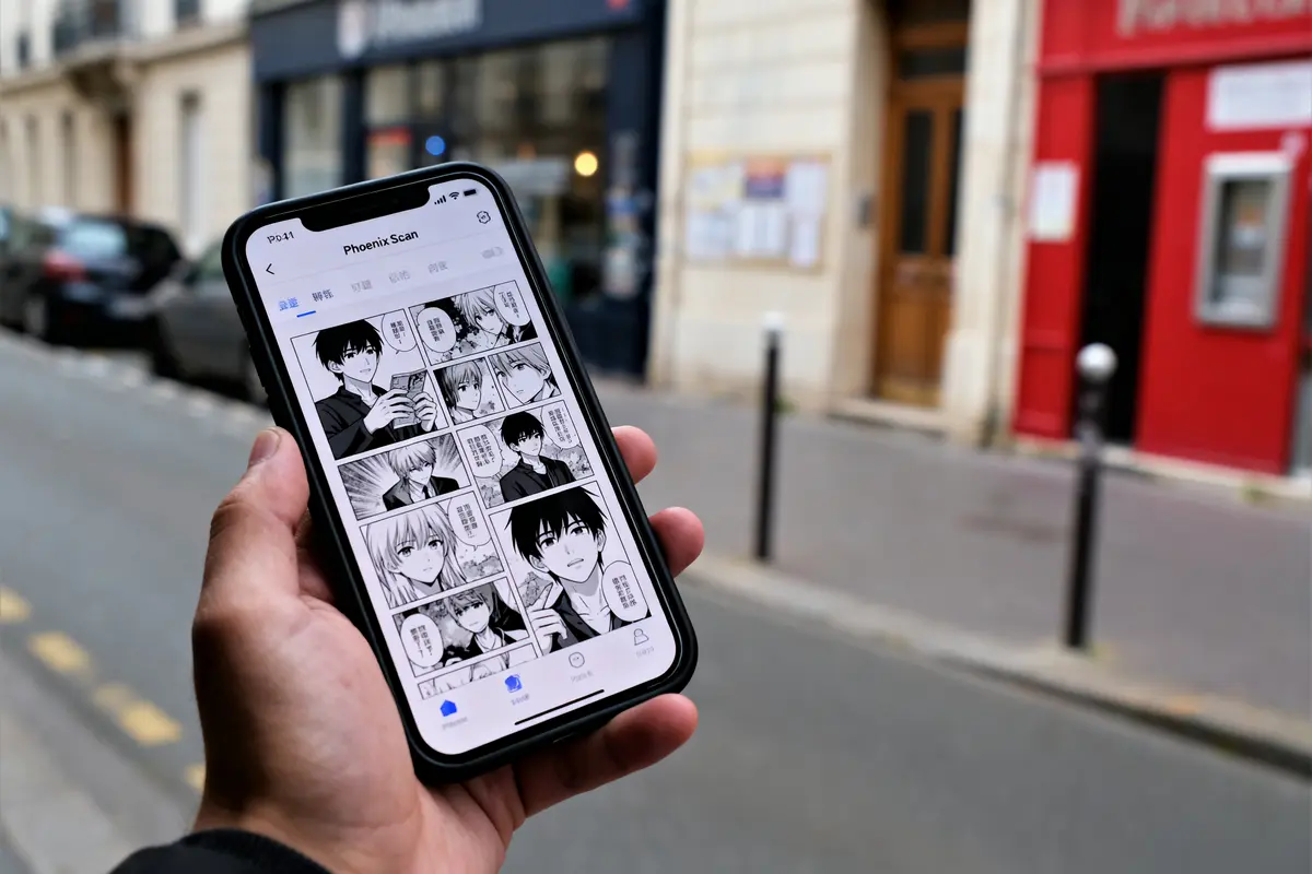 Personne tenant un smartphone affichant des bandes dessinées en noir et blanc, rue urbaine floue en arrière-plan.
