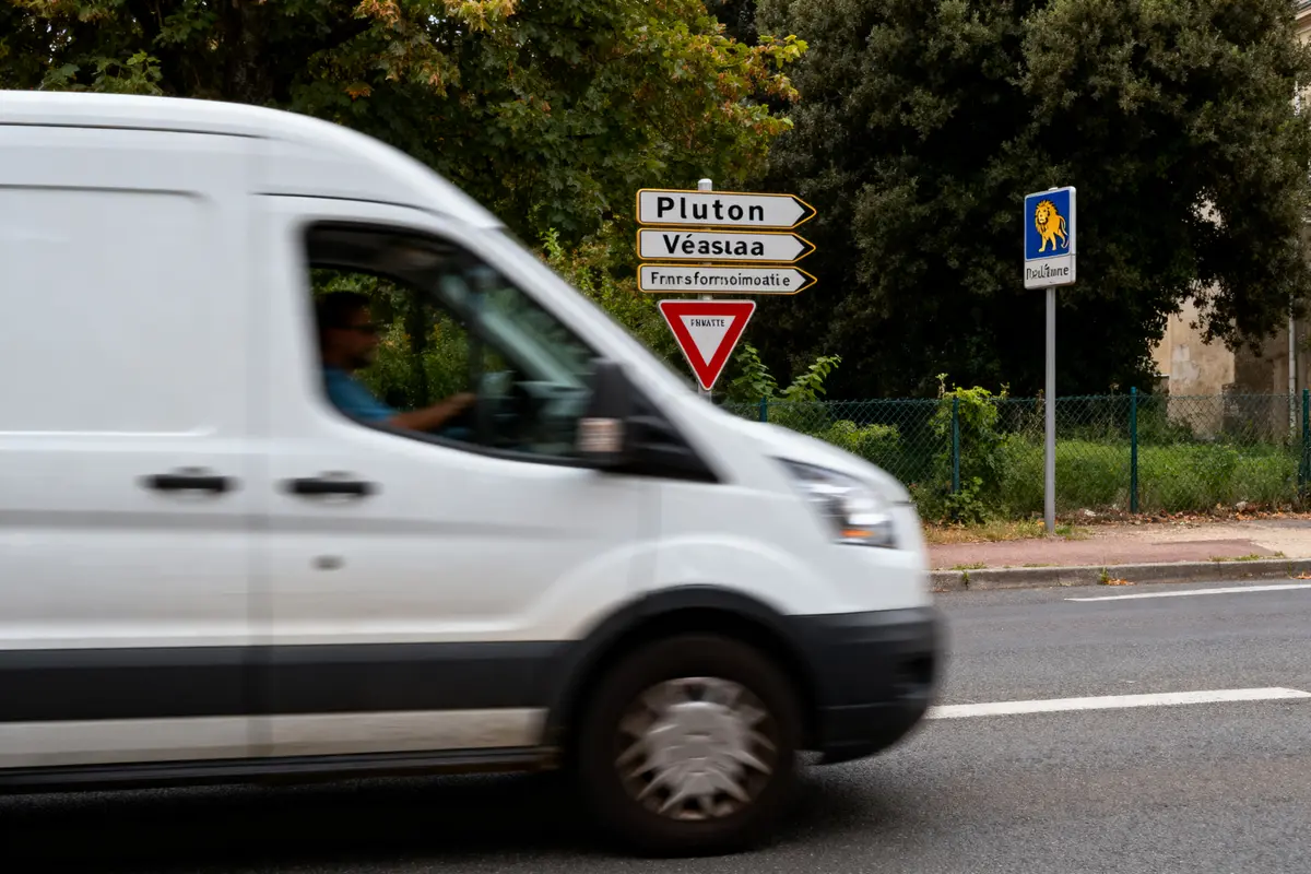 Une camionnette blanche passe devant un panneau indiquant "Pluton", "Véaslaa", "Transformoimatie".