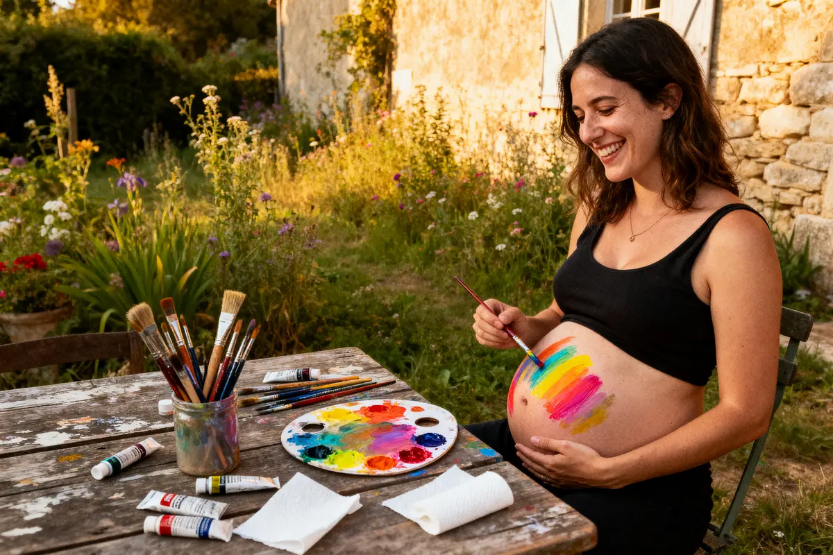 Femme enceinte peignant son ventre coloré, assise dehors, souriante, avec pinceaux et palette sur table en bois.