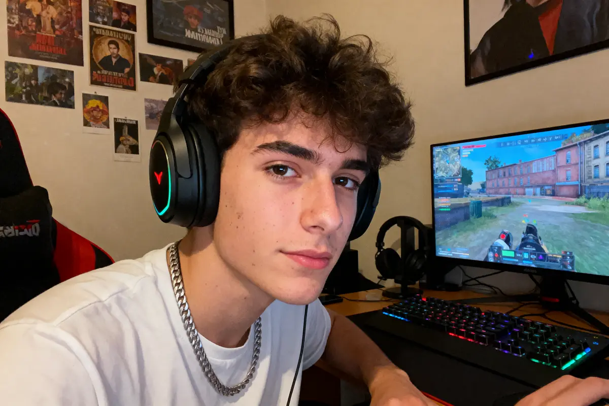 Jeune homme portant un casque gaming devant un ordinateur, affichant un jeu vidéo. Posters au mur derrière.