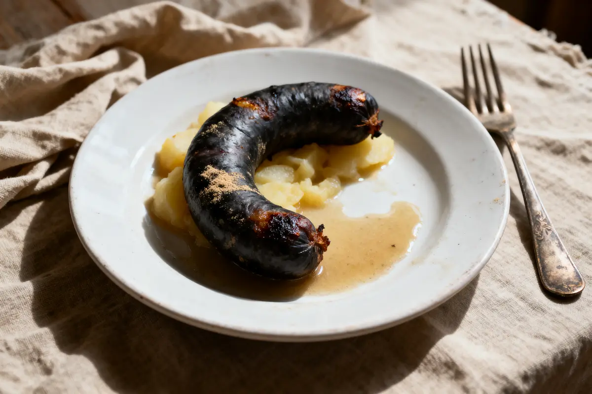 Assiette de boudin noir avec pommes de terre et sauce, servie sur une nappe beige, fourchette à côté.