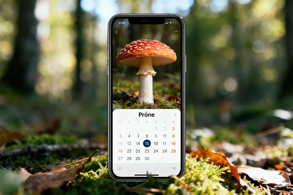 Smartphone affichant un calendrier avec photo d'amanite tue-mouches, posé sur fond de forêt floue ensoleillée.
