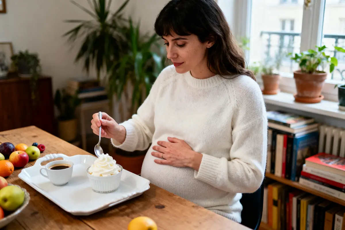 Femme enceinte mangeant un dessert avec une boisson chaude, entourée de fruits et de plantes d’intérieur.