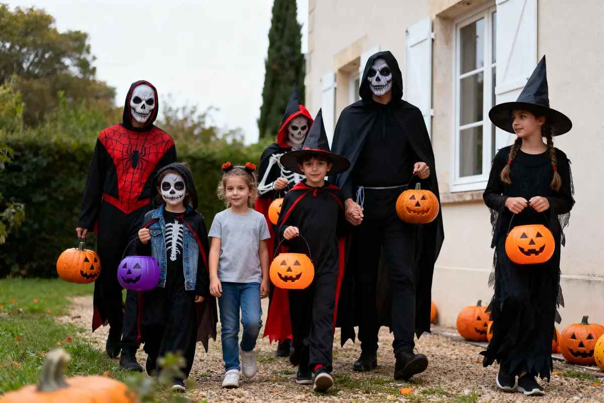 Famille en costumes d'Halloween marchant avec des citrouilles, enfants déguisés en squelettes, sorcières.