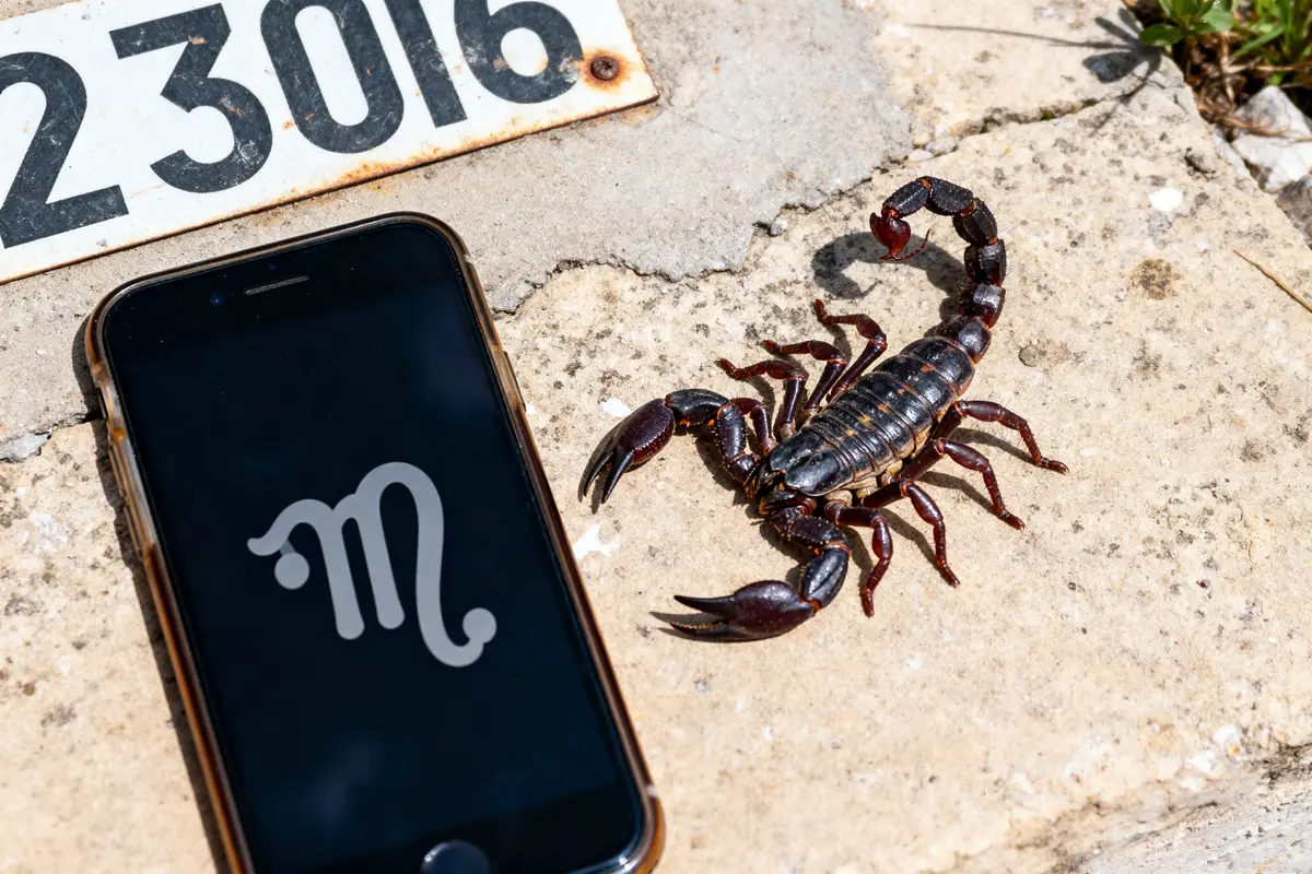 Téléphone avec symbole du scorpion, scorpion réel à côté, et plaque numérotée sur sol en pierre.
