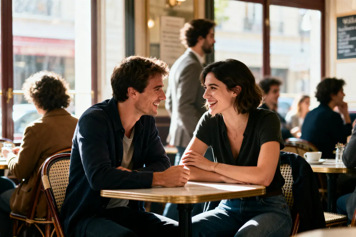 Un couple souriant assis à une table de café, discutant joyeusement dans une ambiance chaleureuse et lumineuse.