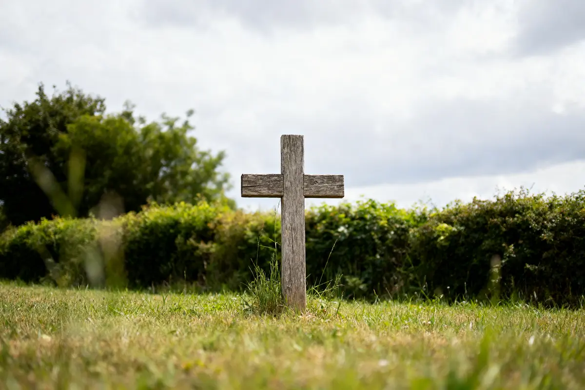 Croix en bois dans un champ verdoyant, entourée de buissons, ciel nuageux en arrière-plan.