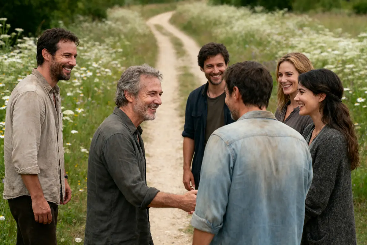 Groupe de cinq personnes souriantes se rencontrant sur un chemin de campagne entouré de fleurs et de verdure.