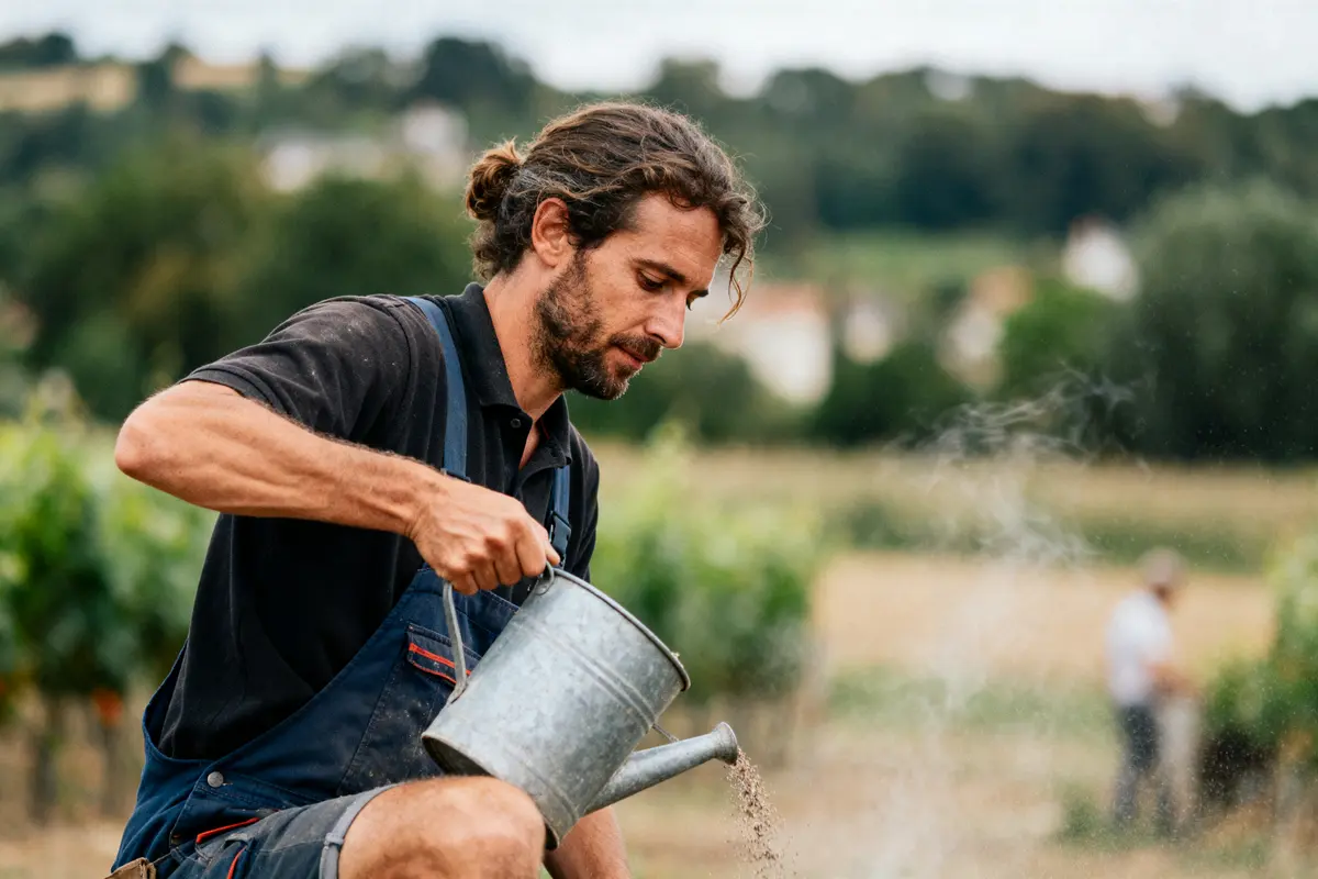 Un homme avec arrosoir métallique, travaille dans un champ, journée ensoleillée, fond de campagne flou.