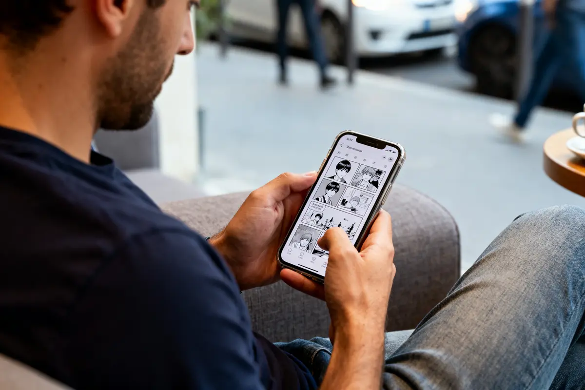 Personne lisant un manga sur un smartphone, assise sur un canapé, avec une rue floue en arrière-plan.