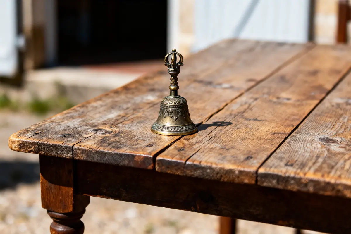 Cloche en métal décorée posée sur une table en bois rustique à l'extérieur.