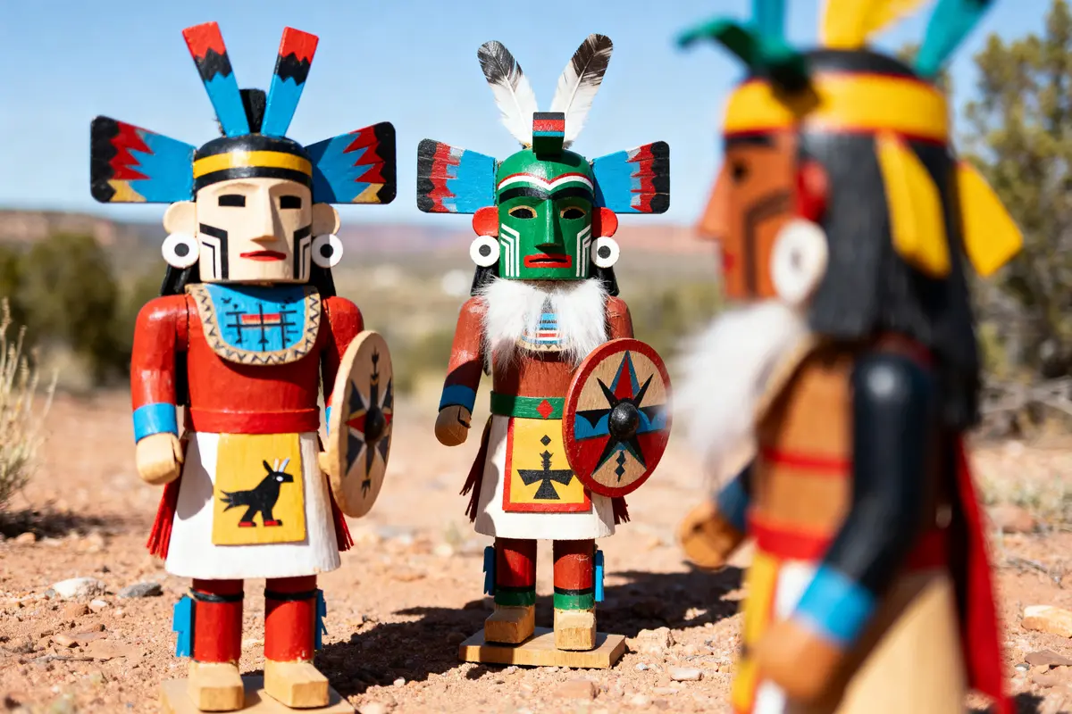 Trois poupées kachina colorées avec coiffes, plumes et boucliers sur fond de désert.