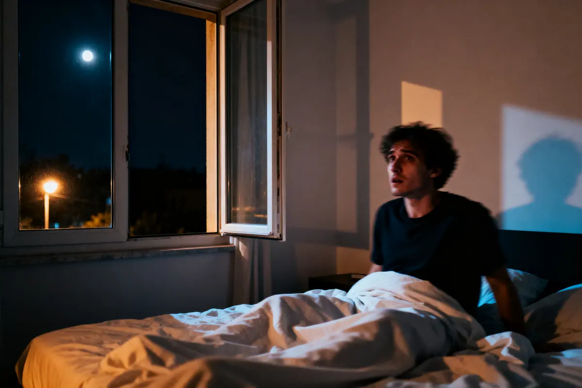 Un homme effrayé dans son lit, pleine lune visible à travers la fenêtre ouverte, éclairage nocturne.