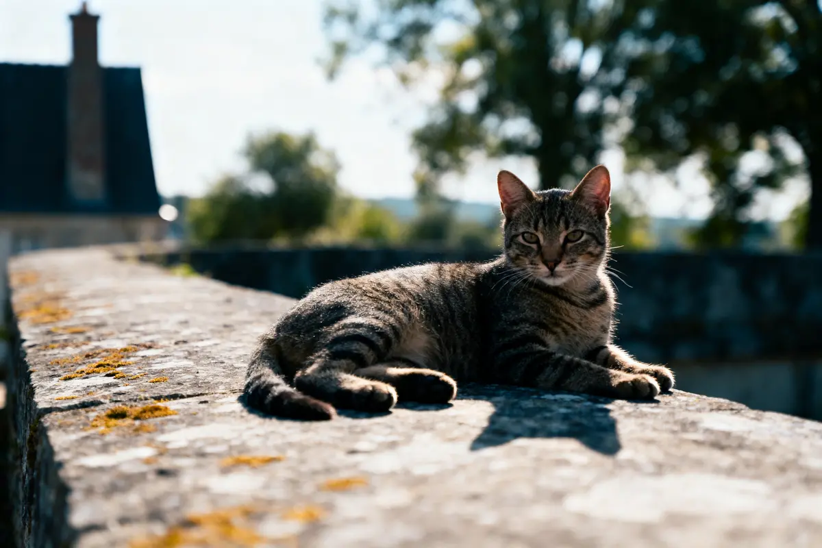 Chat tigré allongé sur un muret ensoleillé, avec arbres flous en arrière-plan.