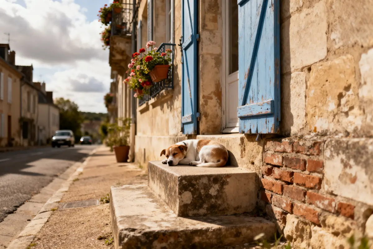 Chien couché sur un perron ensoleillé, maisons en pierre, volets bleus, pots de fleurs, rue pavée.