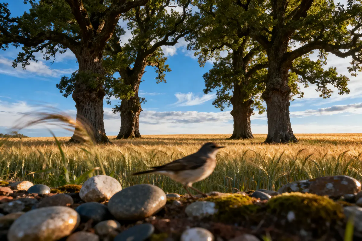 Oiseau parmi arbres imposants, champ de blé, ciel bleu, premiers plans avec galets, nature sereine et ensoleillée.