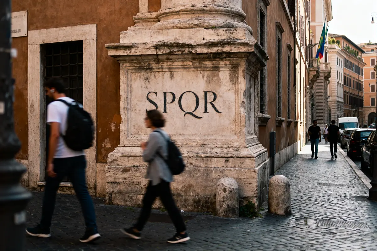 Personnes marchant près d'une colonne en pierre marquée "SPQR" sur une rue pavée ensoleillée.