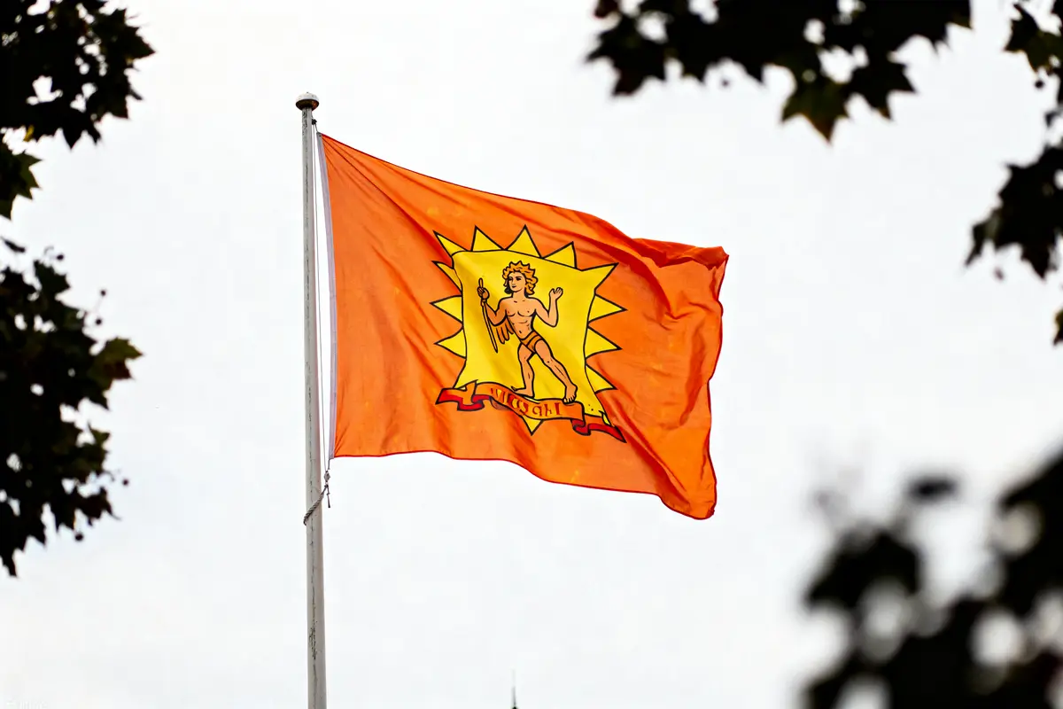 Drapeau orange avec personnage mythologique central entouré de motifs étoilés, flottant au vent.