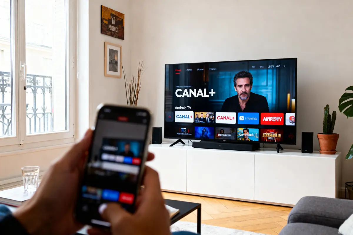 Une personne utilise un smartphone pour contrôler une télévision affichant l'interface Canal+ dans un salon lumineux.