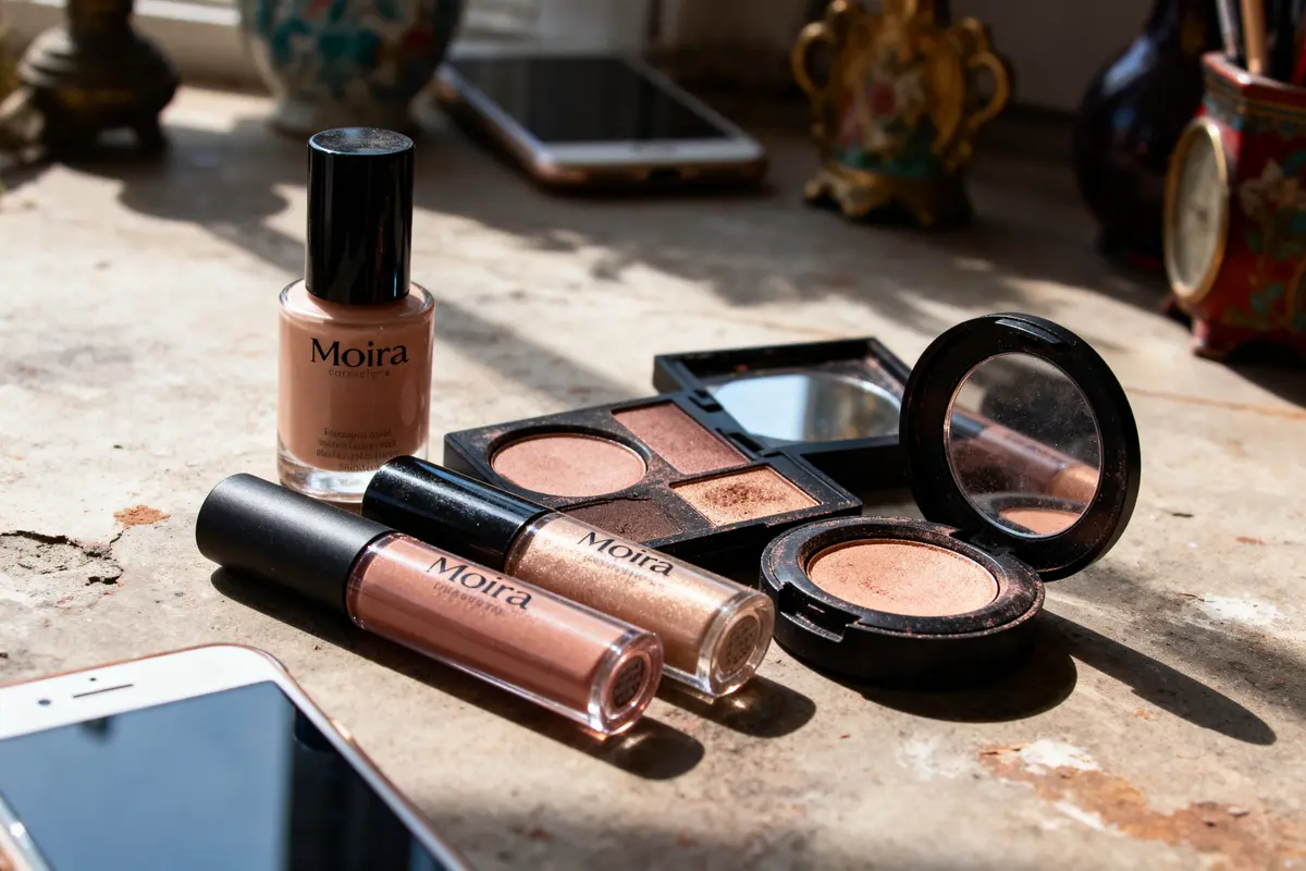 Produits de maquillage Moira sur une surface ensoleillée, comprenant rouges à lèvres, fond de teint, et palette.