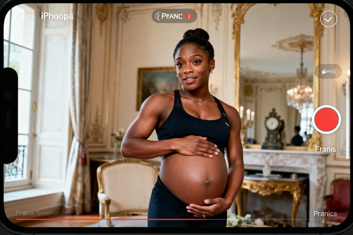 Femme enceinte souriante touchant son ventre, dans une pièce élégante avec miroir et décoration classique.
