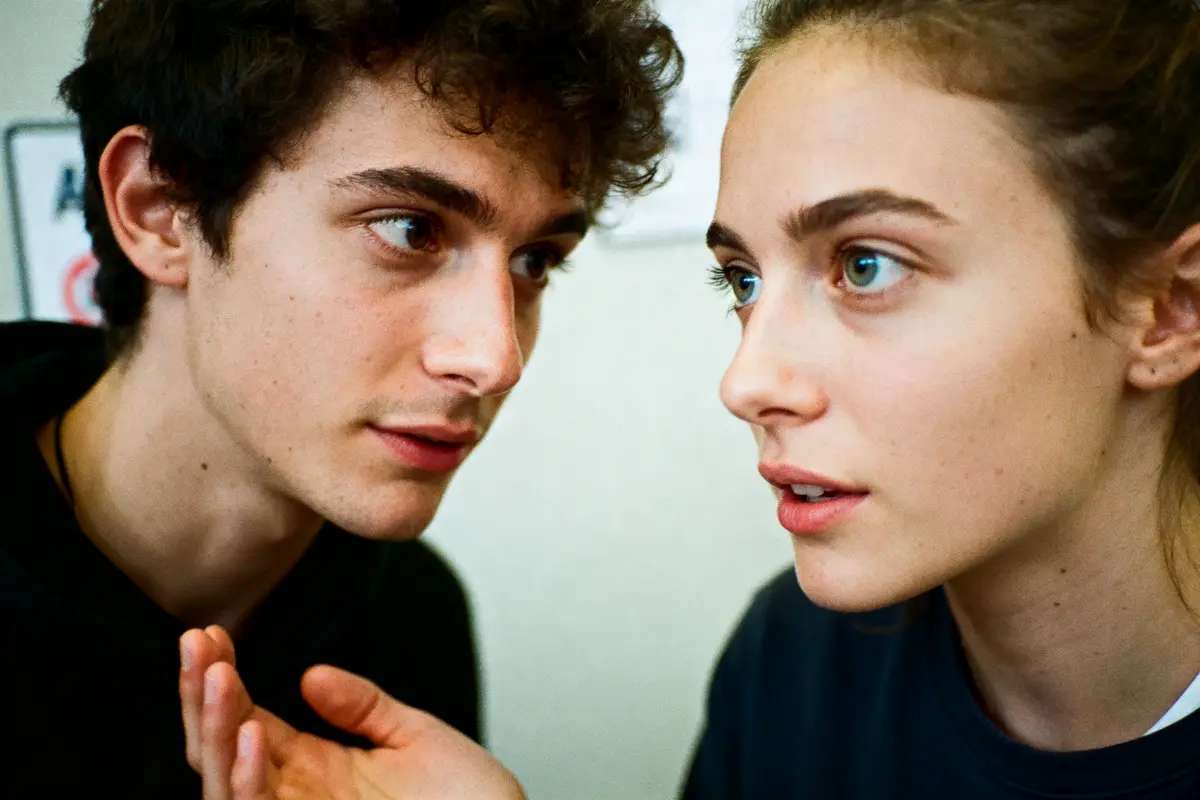 Deux personnes en gros plan, expressions concentrées, discutant intensément, fond flou, intérieur éclairé.