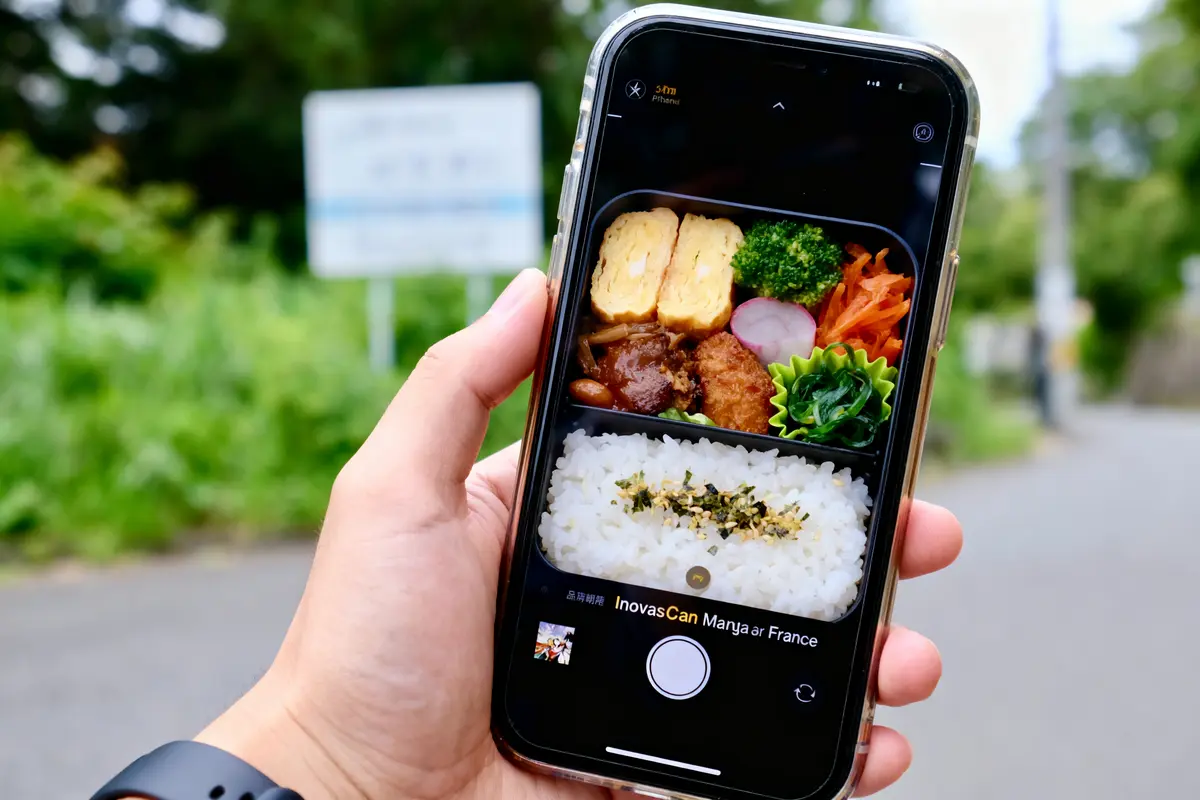 Une main tenant un smartphone affichant une photo de bento japonais coloré. Fond flou extérieur.