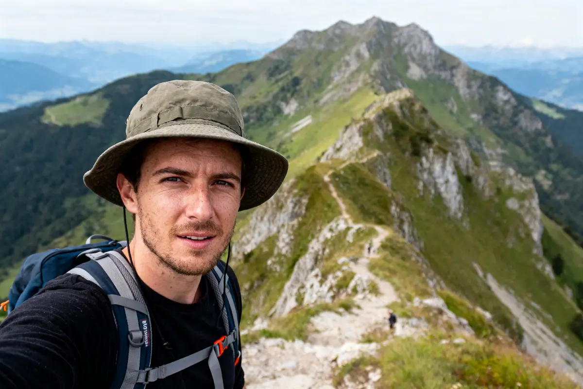 Homme avec chapeau de randonnée, montagne en arrière-plan, sentier escarpé, journée ensoleillée.