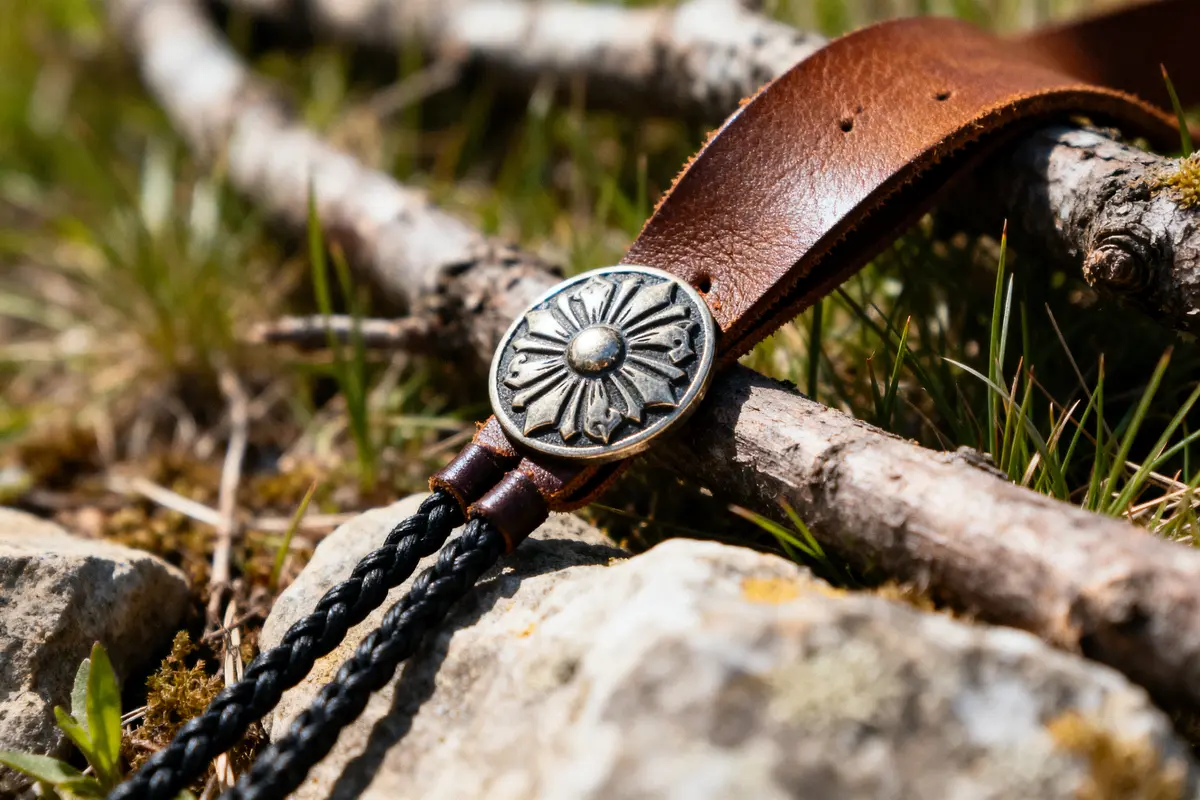 Bracelet en cuir avec motif floral métallique sur fond de branches, herbe et pierres.