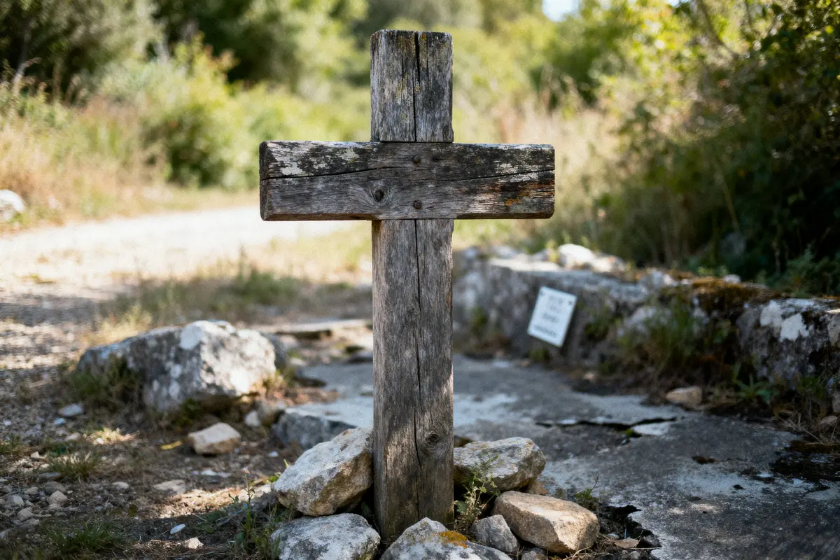 Croix en bois vieillie entourée de pierres, plantée dans un environnement naturel.