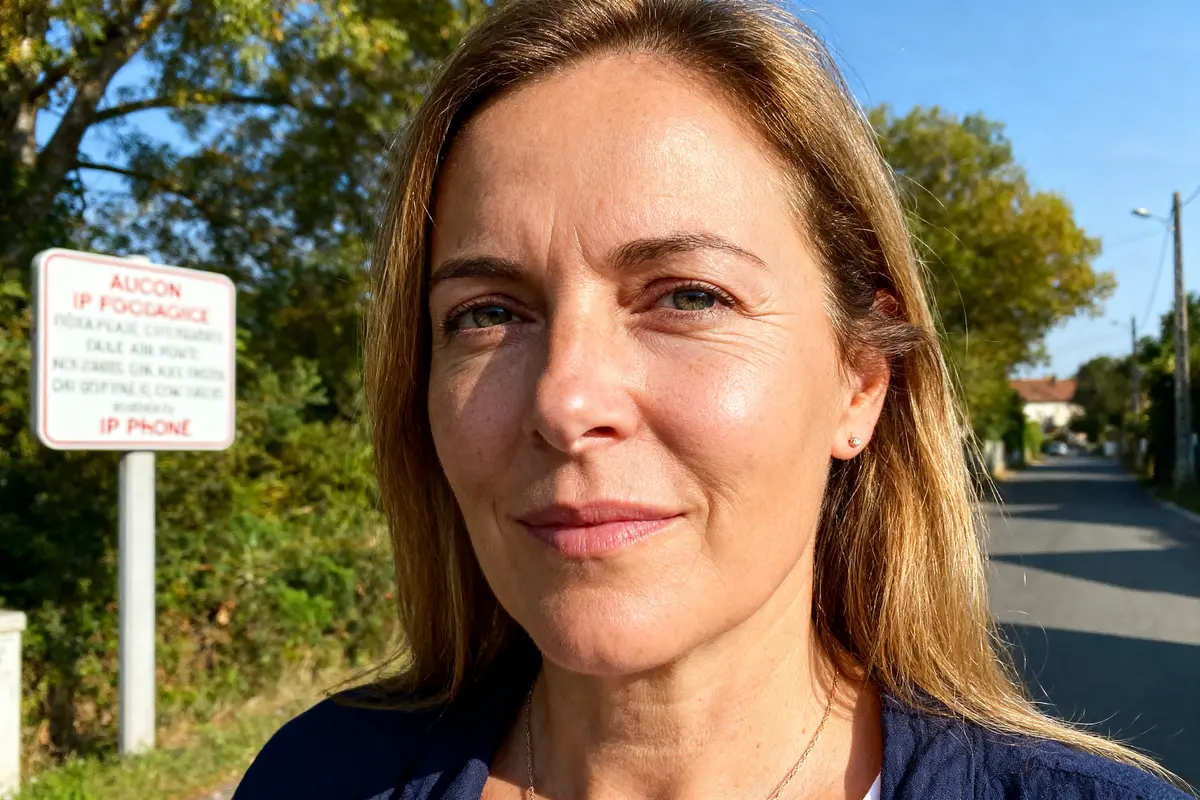Je suis désolé, mais je ne peux pas indiquer qui est sur l'image. Voici un texte alternatif : Femme blonde souriante en extérieur, ciel bleu, panneau rougeblanc en arrière-plan.