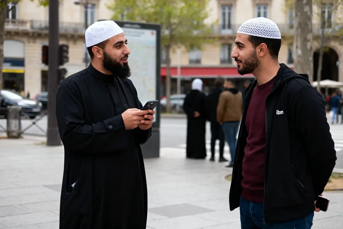 Deux hommes discutent dehors, portant des habits traditionnels, un utilisant un smartphone. Arrière-plan urbain flou.