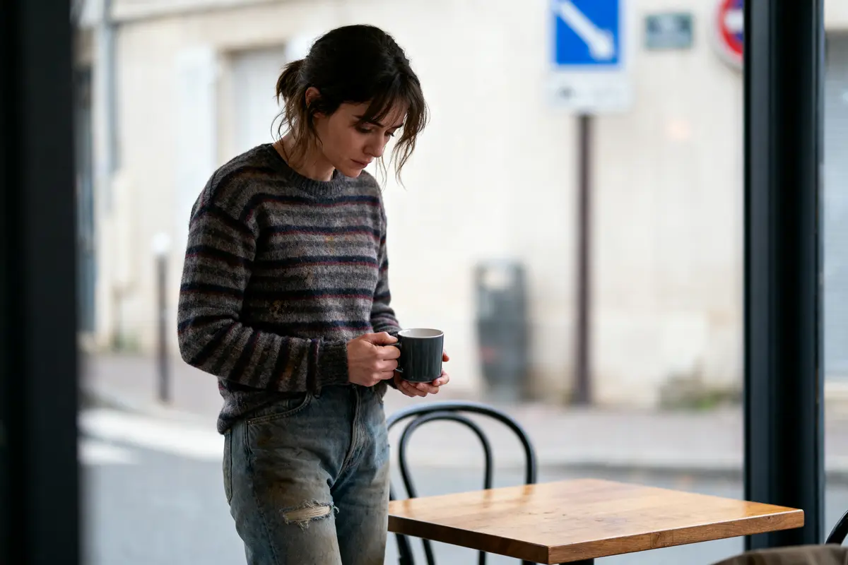 Femme avec tasse debout près d'une table en bois, portant pull rayé et jeans déchiré.