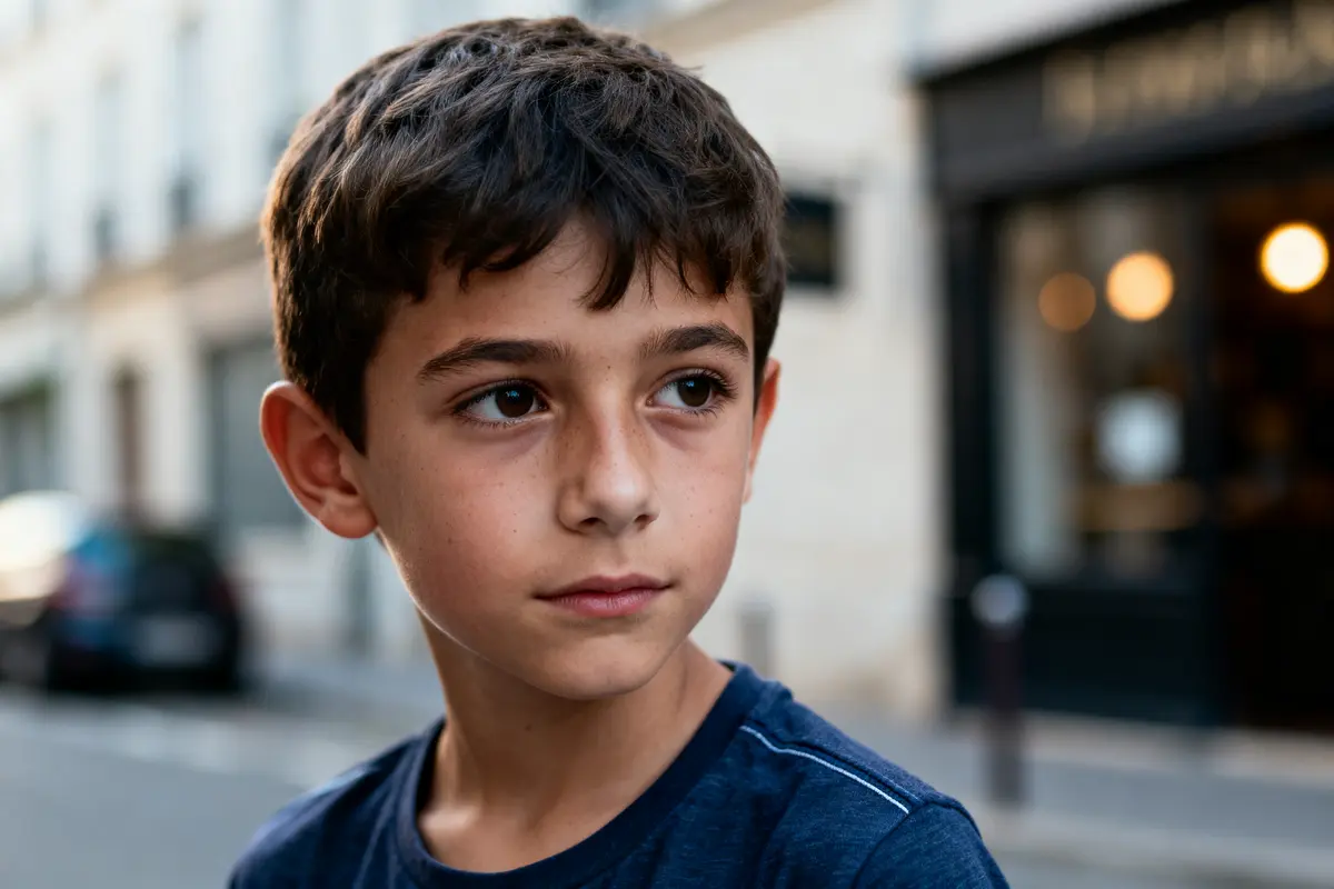 Garçon regardant sur le côté, debout dans une rue. Lumière douce, arrière-plan flou de bâtiments.