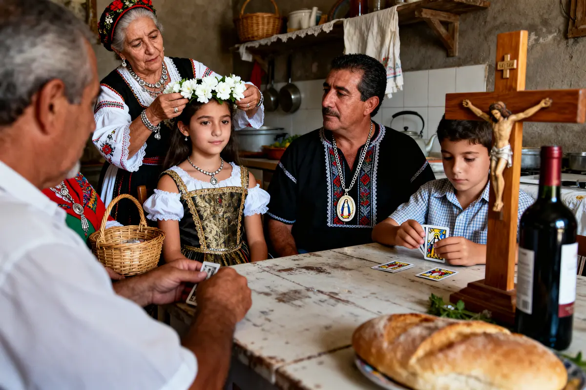 Groupe en costumes traditionnels jouant aux cartes, enfant avec couronne de fleurs, table avec pain et vin.