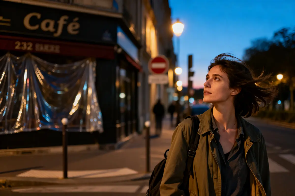 Jeune femme regardant autour d'elle dans une rue urbaine la nuit, devant un café.