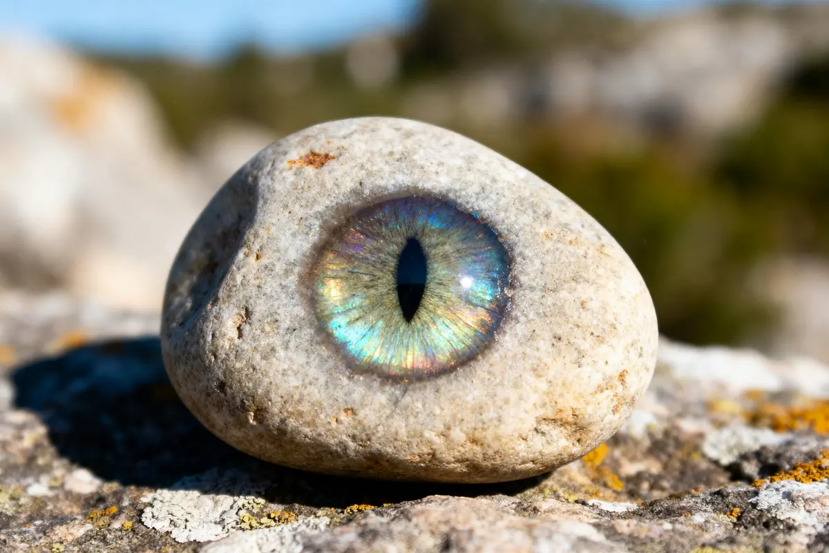 Galet avec motif d'œil irisé, posé sur rocher, éclairé par la lumière naturelle.