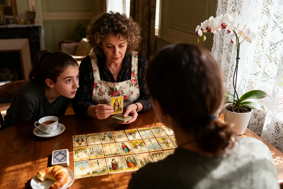 Femme et filles lisant des cartes de tarot à une table en bois, orchidée en arrière-plan.