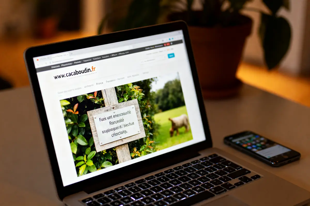 Ordinateur affichant le site web cacaboudin.fr avec texte flou, à côté d'un smartphone.