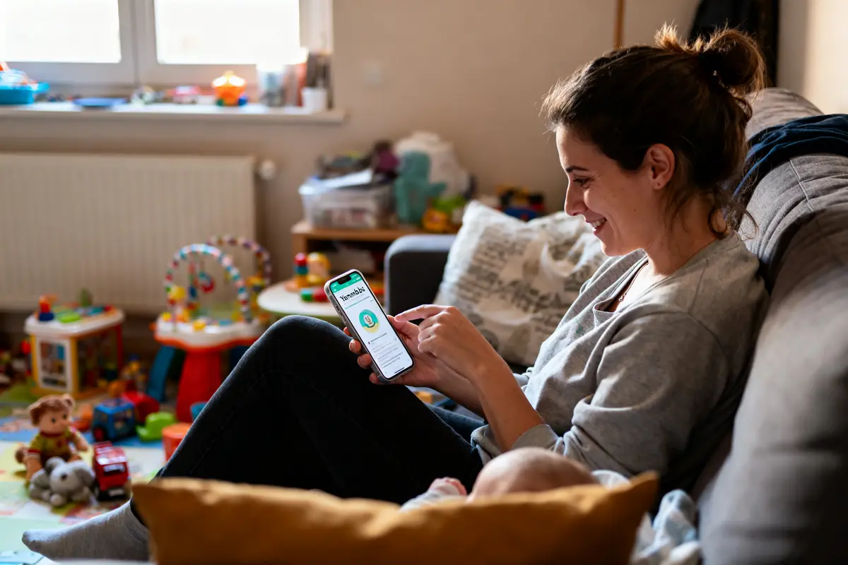 Femme souriante sur canapé, utilisant smartphone, bébé endormi, environnement de jeux d’enfants autour.