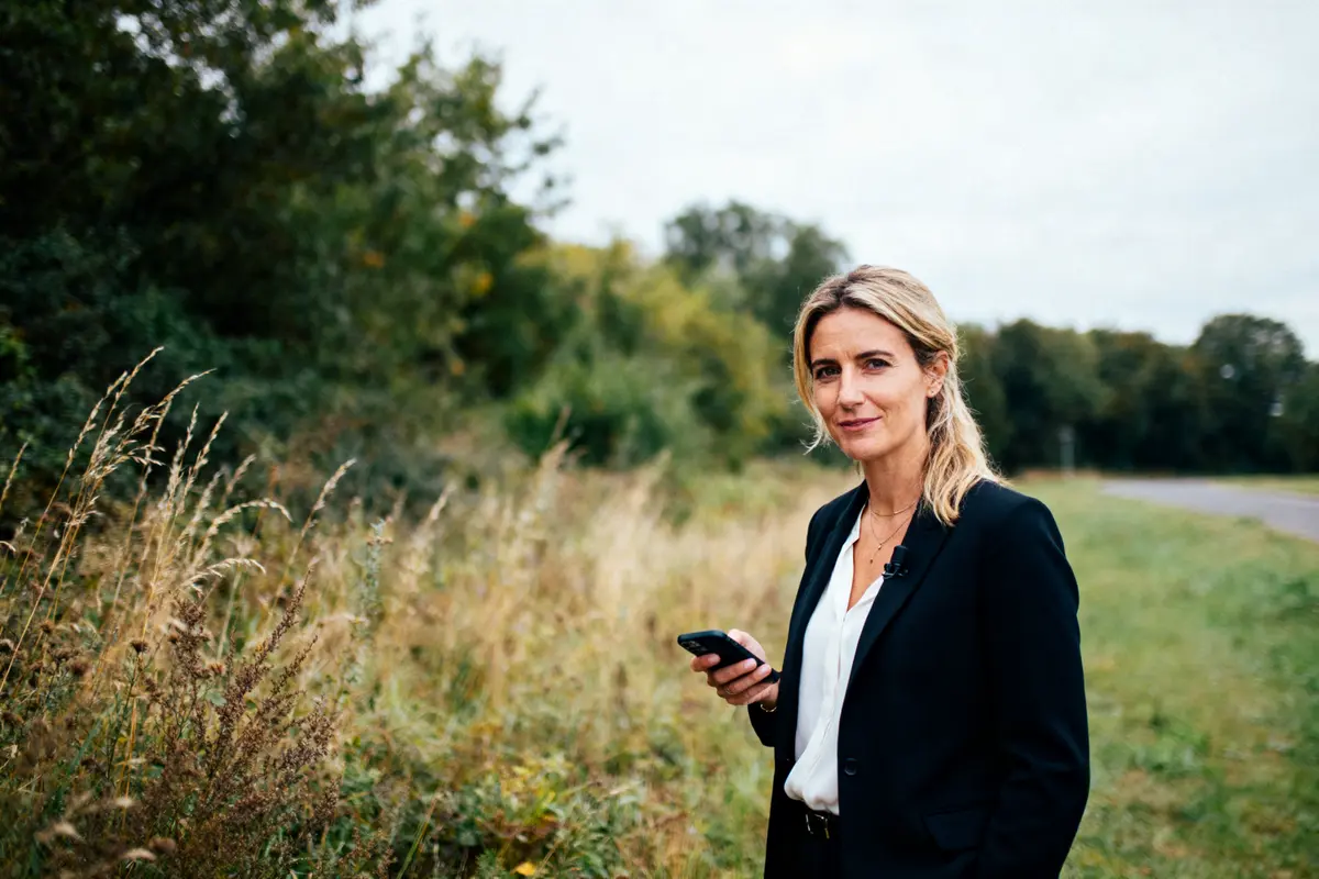 Femme souriante en extérieur, portant un costume sombre, tenant un téléphone. Arbustes et herbe autour.